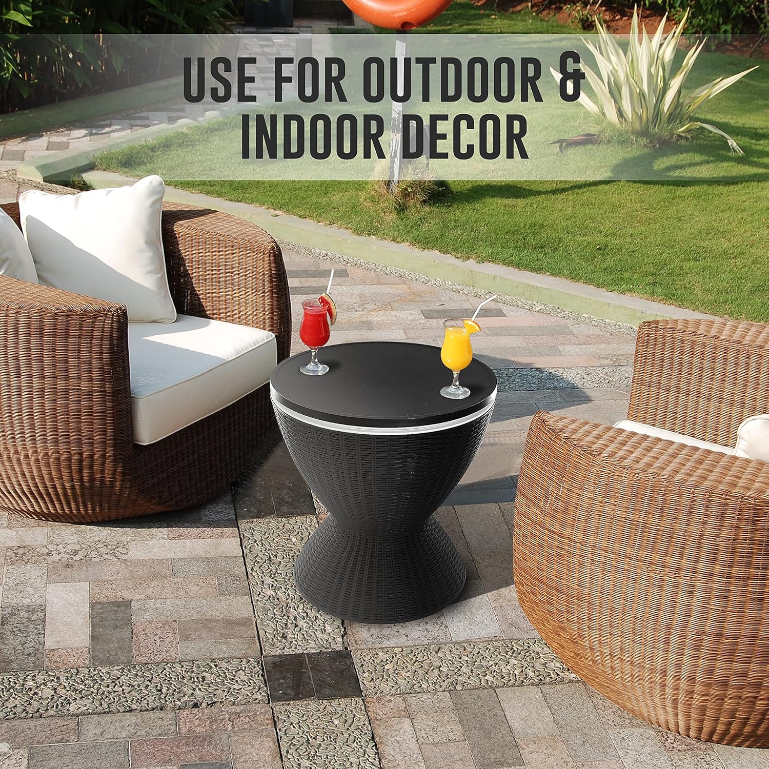 Outdoor Cool Bar Table, 7.5 Gallon Beer and Wine Cooler, Patio Furniture & Hot Tub Side Table, Beverage Cooler, All-Weather Resistant Ice Cool Bar, Rattan Style Patio, Cocktail Bar (Black)