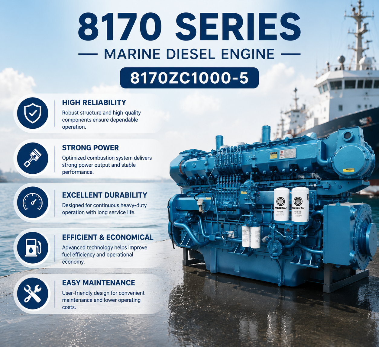 Blue 8170 series marine diesel engine shown next to a ship in the water, with text callouts highlighting high reliability, strong power, excellent durability, efficient and economical performance, and easy maintenance.