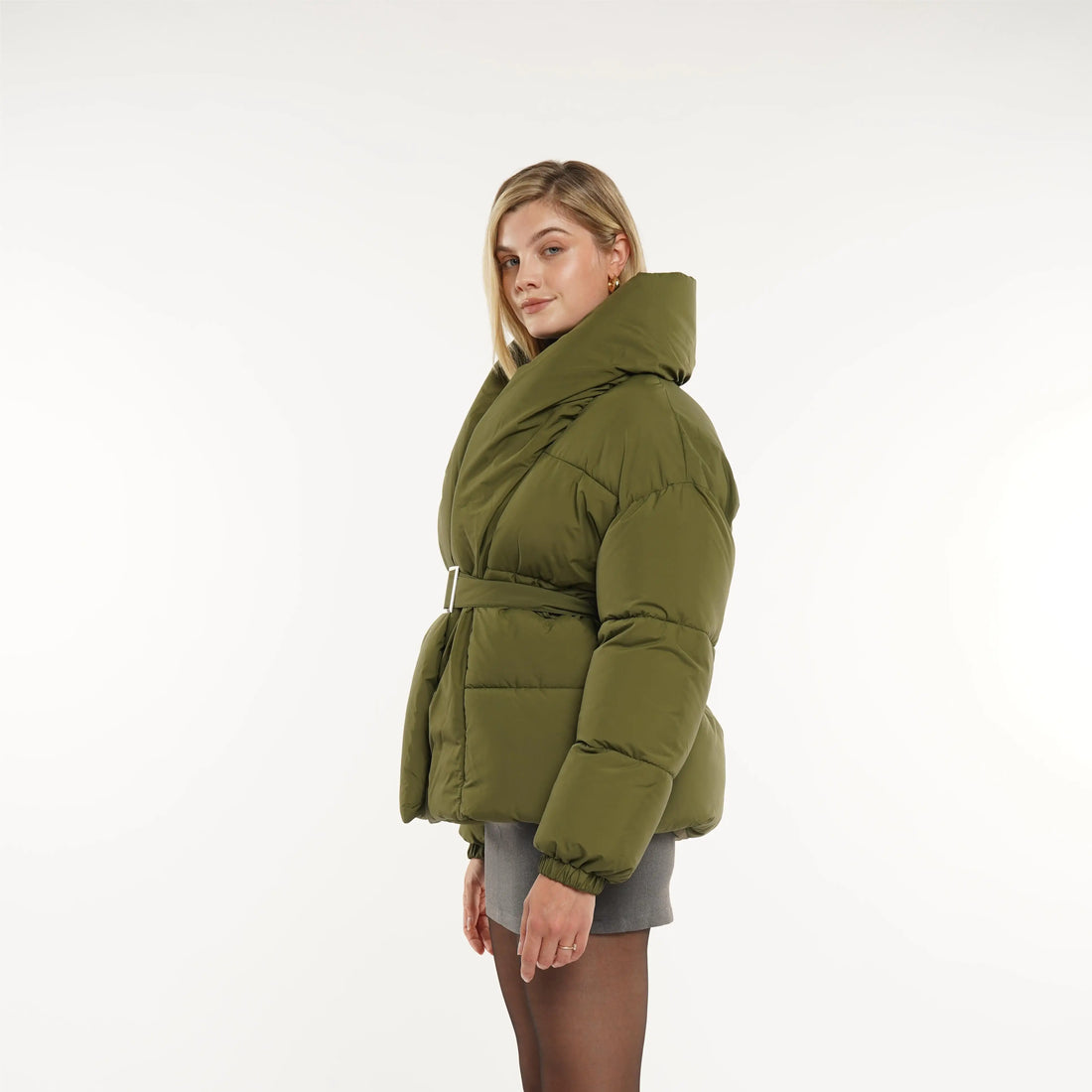 Women Puffer Jacket Mid Length Belted Magnet Button Puffer Coat Splashproof Winter Water Repellent Windproof Stain-Resistant