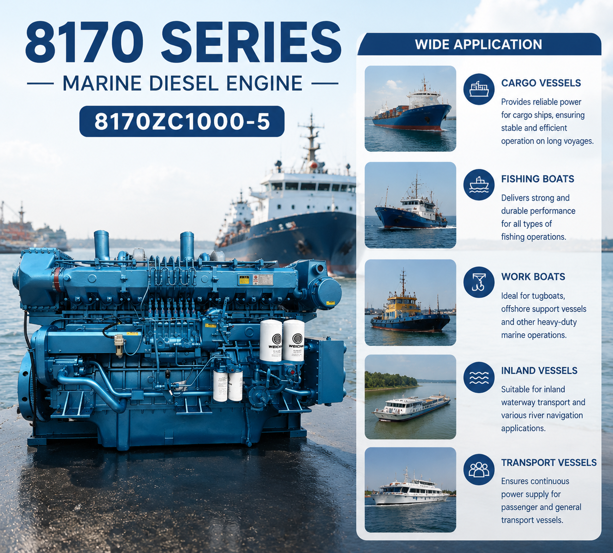 Blue 8170 series marine diesel engine shown in a harbor setting with ships in the background, alongside a text panel detailing its wide application in cargo vessels, fishing boats, work boats, inland vessels, and transport vessels.