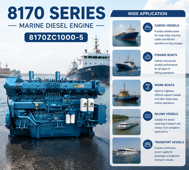 Blue 8170 series marine diesel engine shown in a harbor setting with ships in the background, alongside a text panel detailing its wide application in cargo vessels, fishing boats, work boats, inland vessels, and transport vessels.