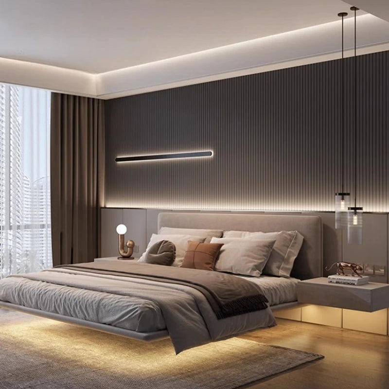 Modern Luxury Home - Hotel King Size Floating Bed Frame - Faux Leather Double Bed for Bedroom Furniture