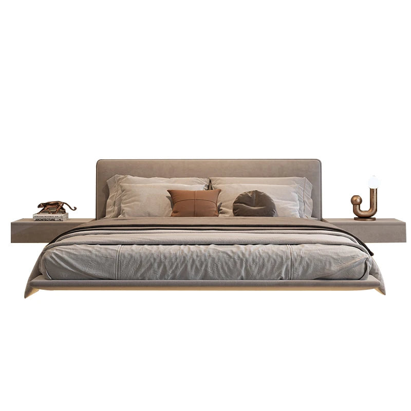 Modern floating bedroom with a bed, nightstands, and wall lights.