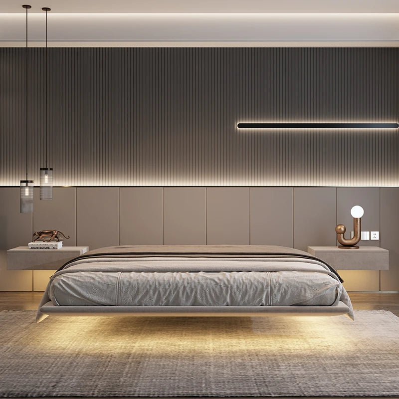 Modern floating bedroom with a bed, nightstands, and wall lights.