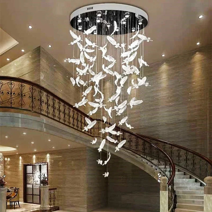 Amber Crystal Feather LED Chandelier – Luxury Staircase, Salon & Reception Pendant Light