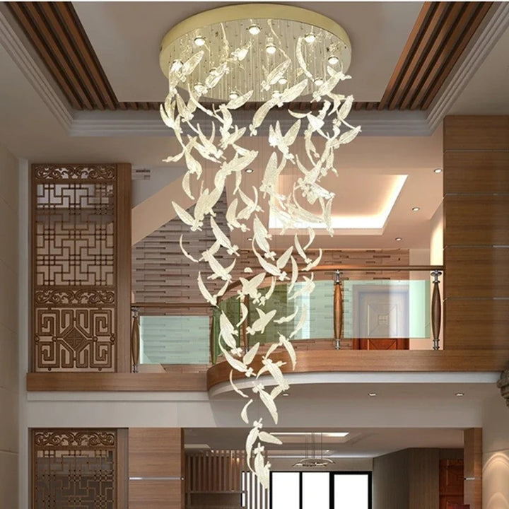 Amber Crystal Feather LED Chandelier – Luxury Staircase, Salon & Reception Pendant Light