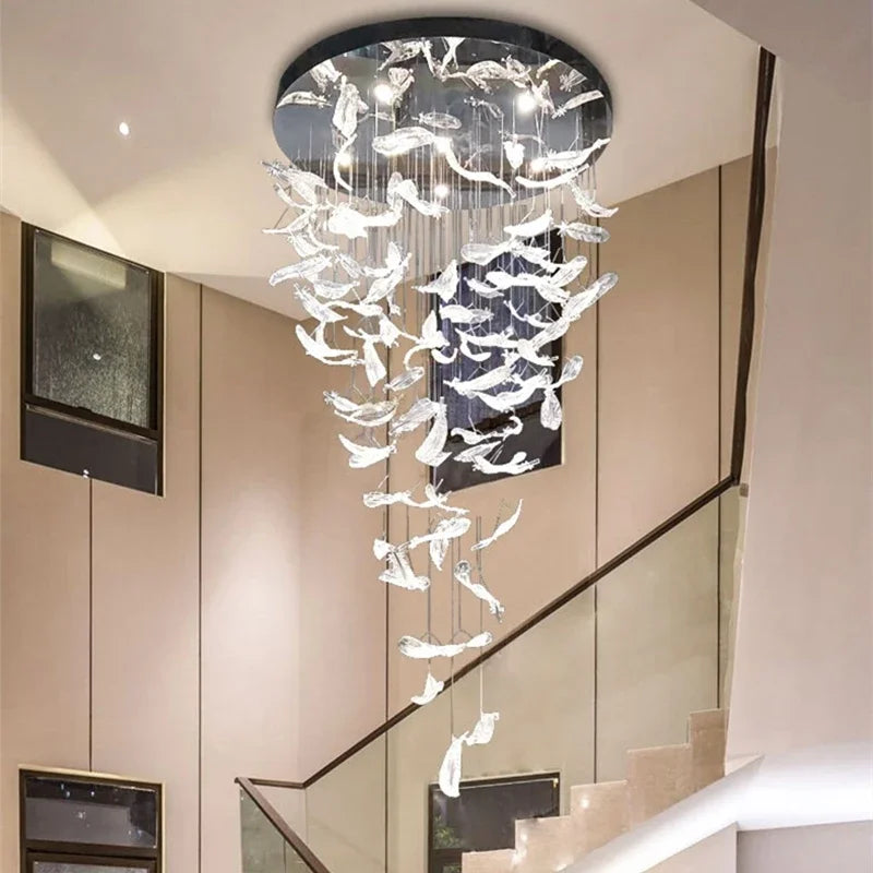 Amber Crystal Feather LED Chandelier – Luxury Staircase, Salon & Reception Pendant Light