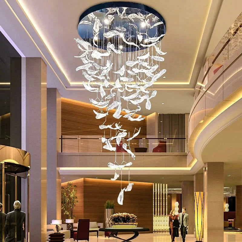 Amber Crystal Feather LED Chandelier – Luxury Staircase, Salon & Reception Pendant Light