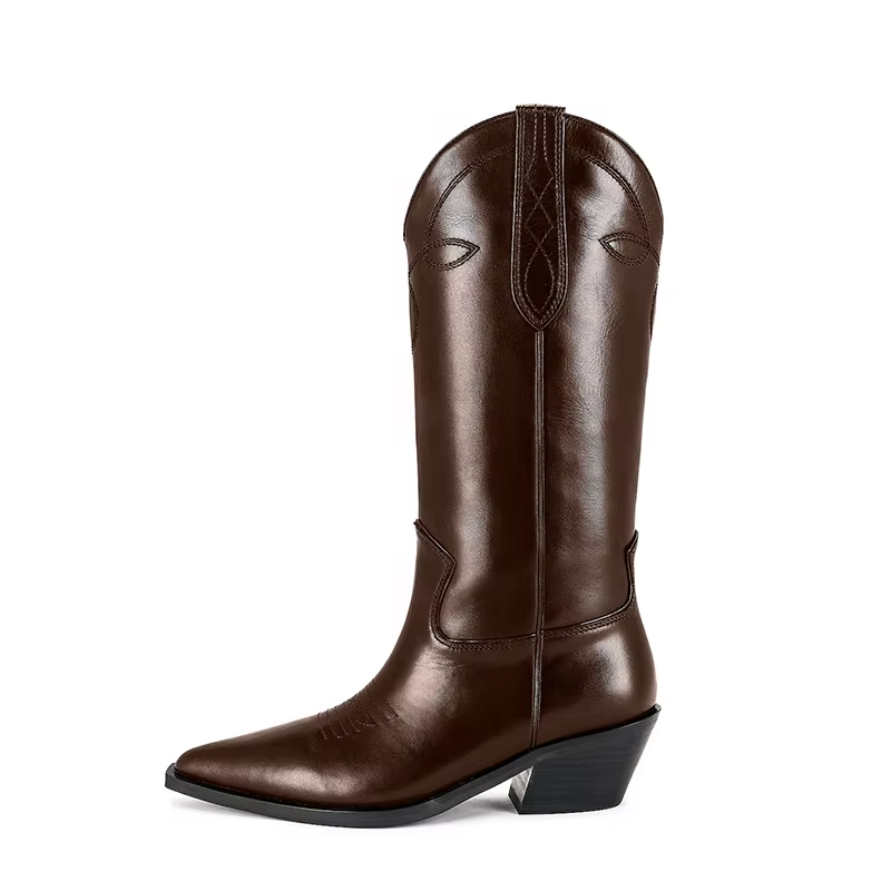 Women's Black Genuine Leather Western Ankle Boots – Pointed Toe Square Heel Slip-On Boots