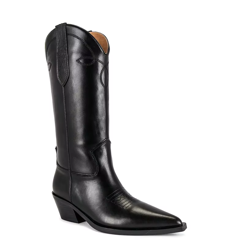 Women's Black Genuine Leather Western Ankle Boots – Pointed Toe Square Heel Slip-On Boots