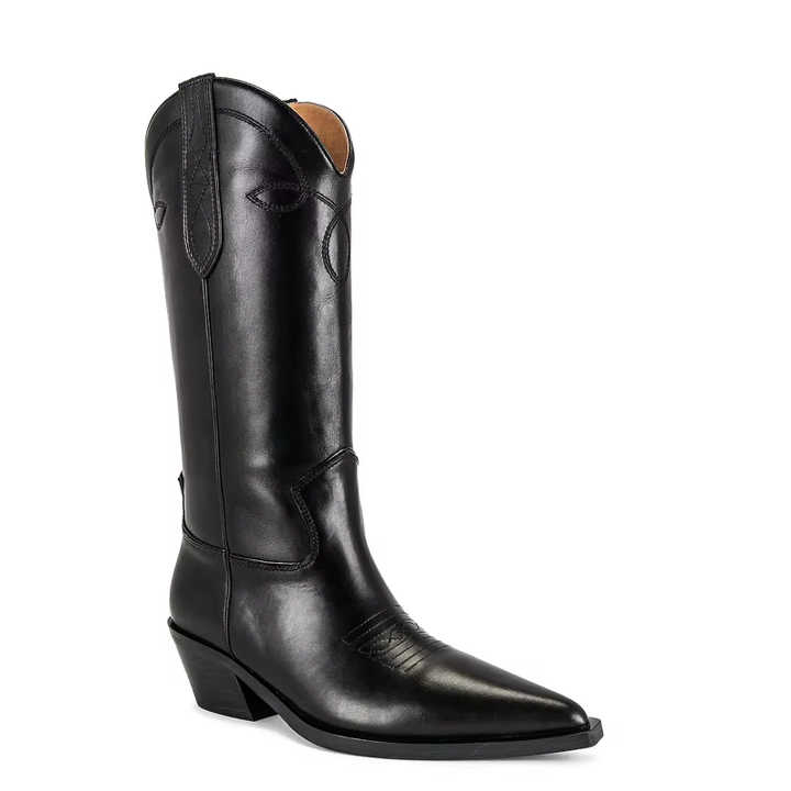 Women's Black Genuine Leather Western Ankle Boots – Pointed Toe Square Heel Slip-On Boots