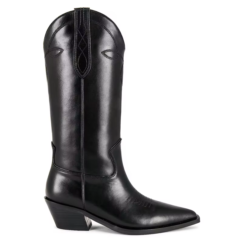 Women's Black Genuine Leather Western Ankle Boots – Pointed Toe Square Heel Slip-On Boots