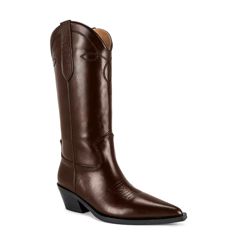Women's Black Genuine Leather Western Ankle Boots – Pointed Toe Square Heel Slip-On Boots