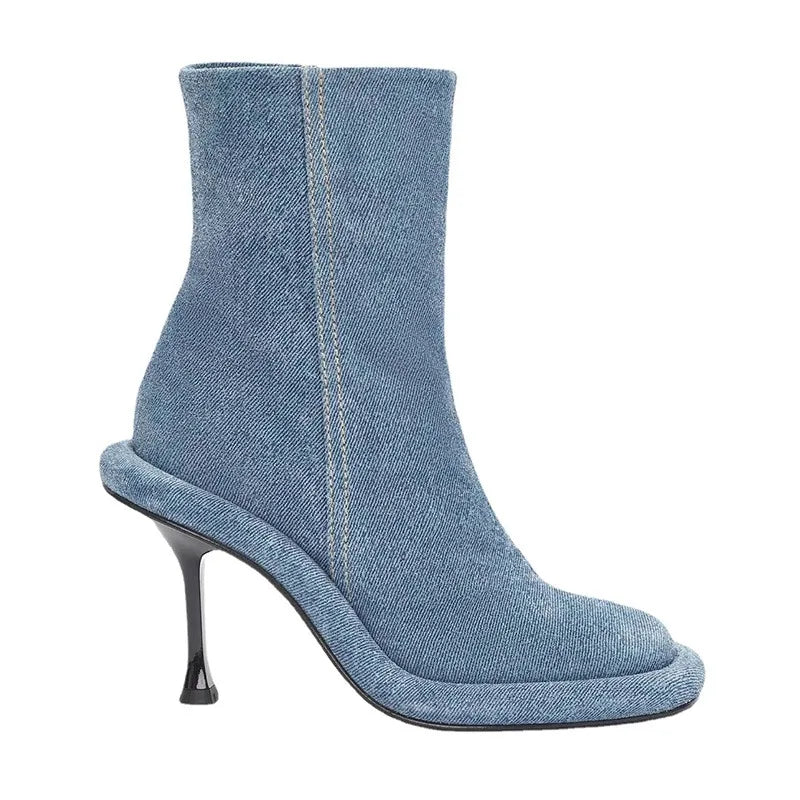 New Blue Denim Ankle Boots for Women – High Heel Thick Sole Round Shoes