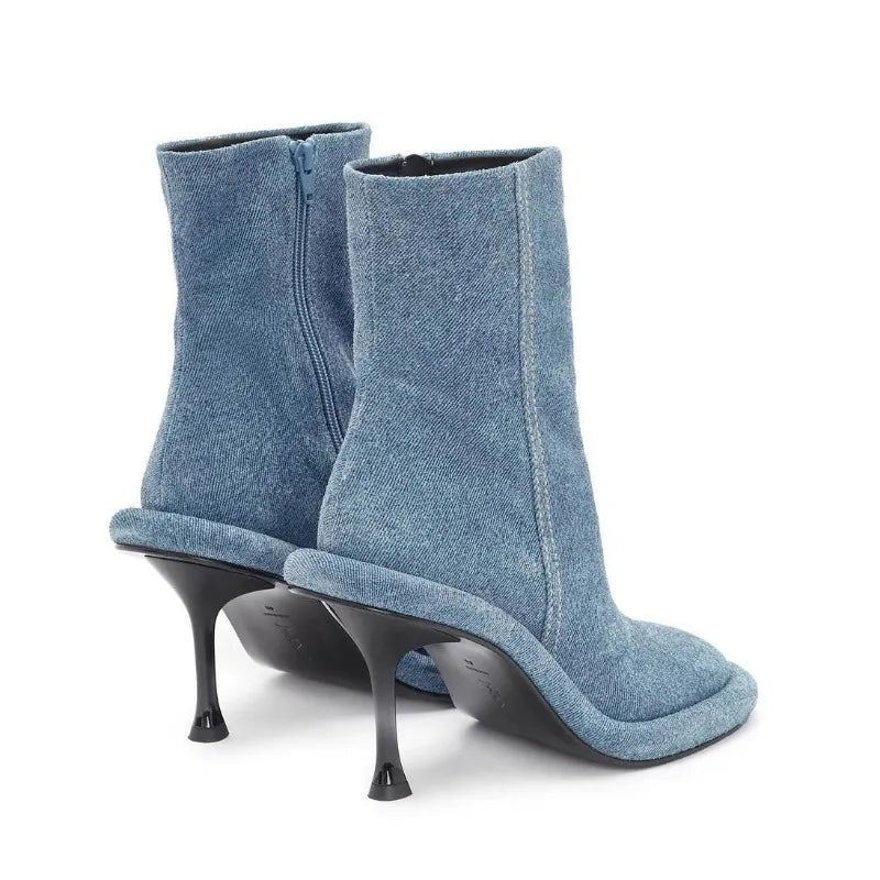 New Blue Denim Ankle Boots for Women – High Heel Thick Sole Round Shoes
