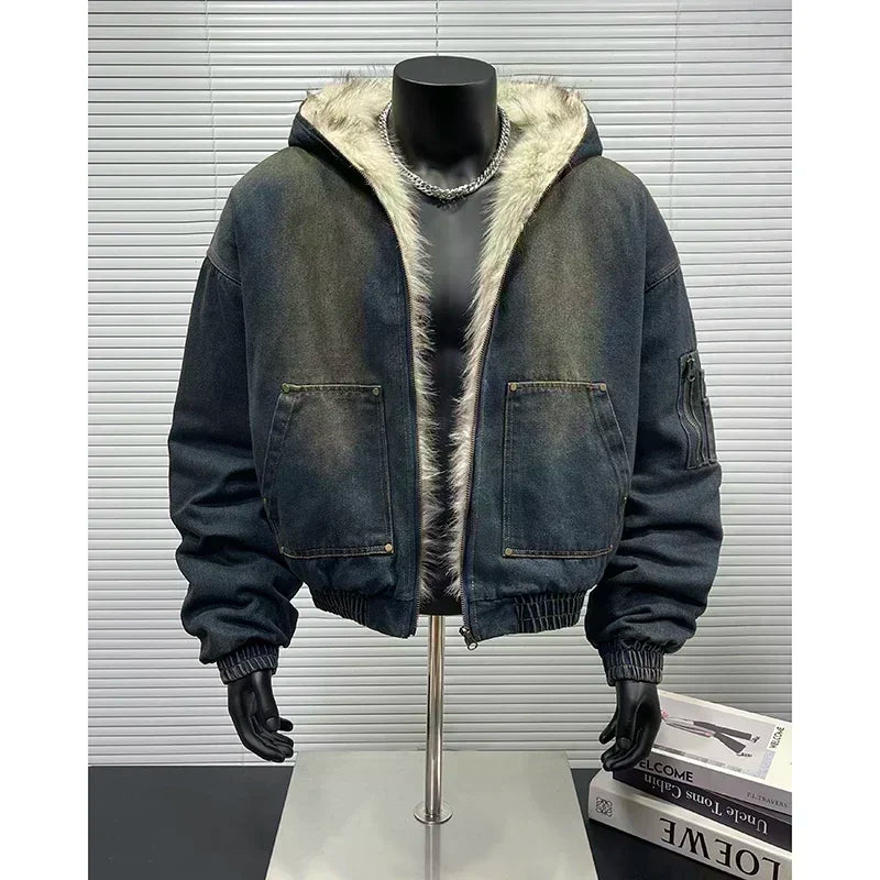 New Unisex Hooded Denim Jacket – Autumn Winter Thick Warm Retro Cotton Coat
