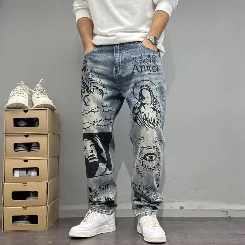 New Men’s Printed Straight-Leg Denim Pants