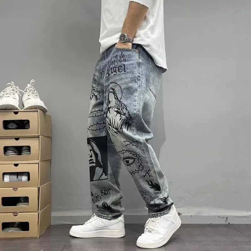New Men’s Printed Straight-Leg Denim Pants