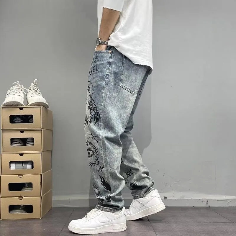 New Men’s Printed Straight-Leg Denim Pants