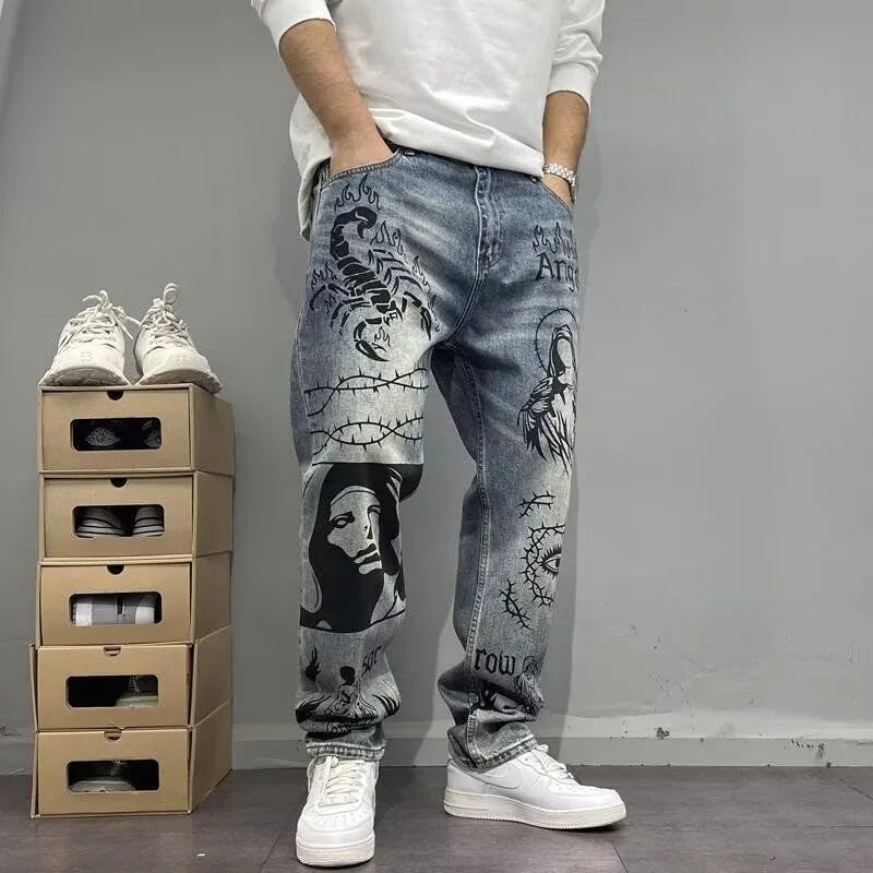 New Men’s Printed Straight-Leg Denim Pants