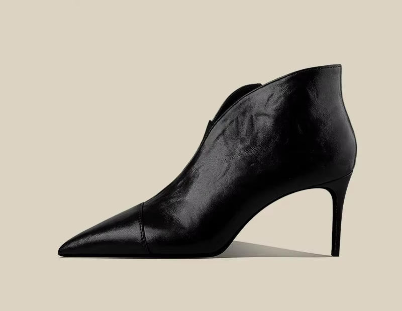 Women's Black Leather Pointed-Toe Stiletto Ankle Boots