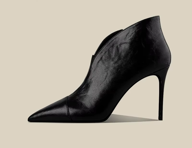 Women's Black Leather Pointed-Toe Stiletto Ankle Boots