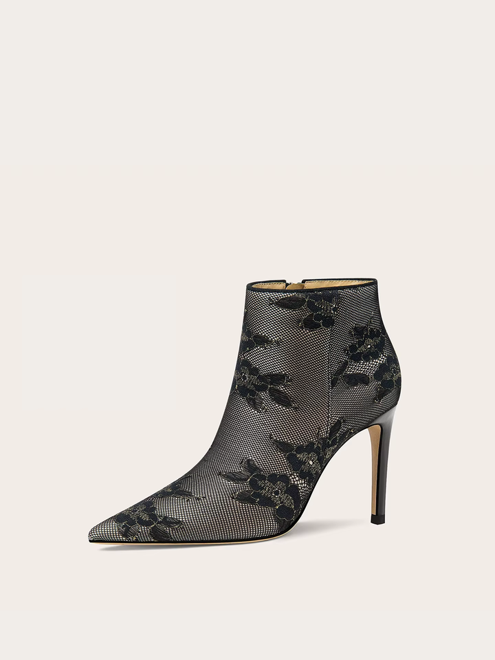 Women's Pointed-Toe Lace Mesh Velvet High-Heel Ankle Boots