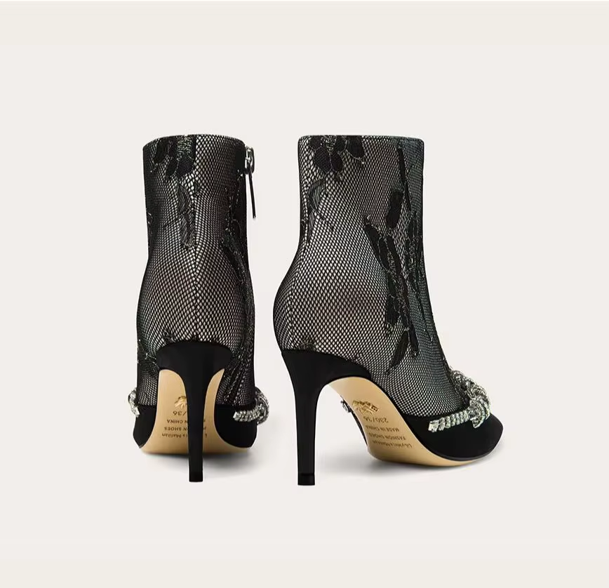 Women's Pointed-Toe Lace Rhinestone Floral High-Heel Ankle Boots