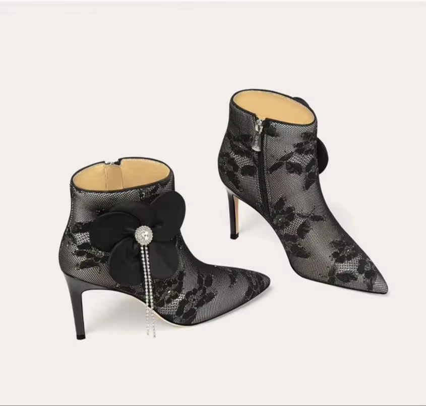 Women's Pointed-Toe Lace Rhinestone Floral High-Heel Ankle Boots