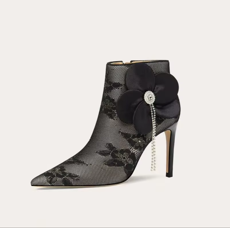 Women's Pointed-Toe Lace Rhinestone Floral High-Heel Ankle Boots