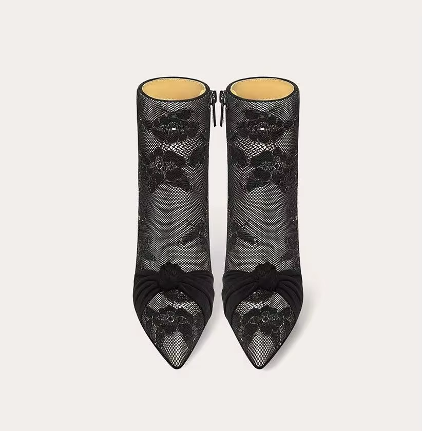 Women's Pointed-Toe Lace Rhinestone Floral High-Heel Ankle Boots