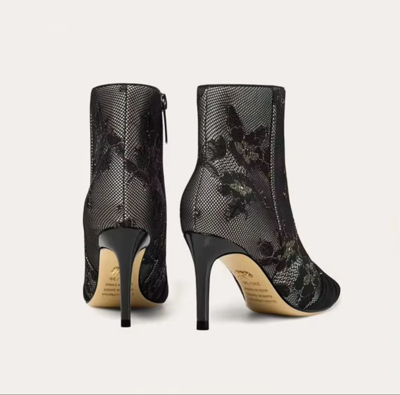 Women's Pointed-Toe Lace Rhinestone Floral High-Heel Ankle Boots