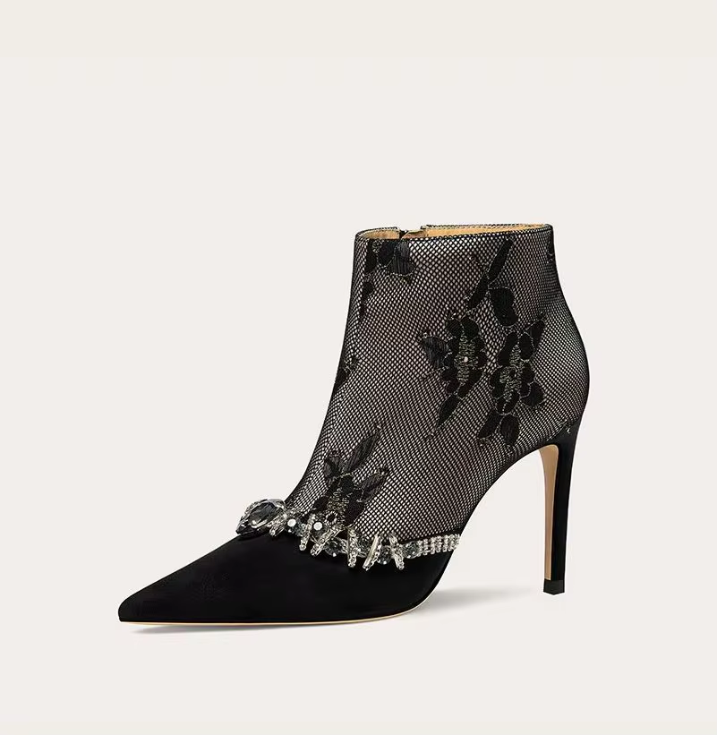 Women's Pointed-Toe Lace Rhinestone Floral High-Heel Ankle Boots