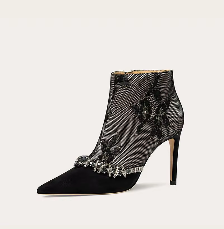 Women's Pointed-Toe Lace Rhinestone Floral High-Heel Ankle Boots