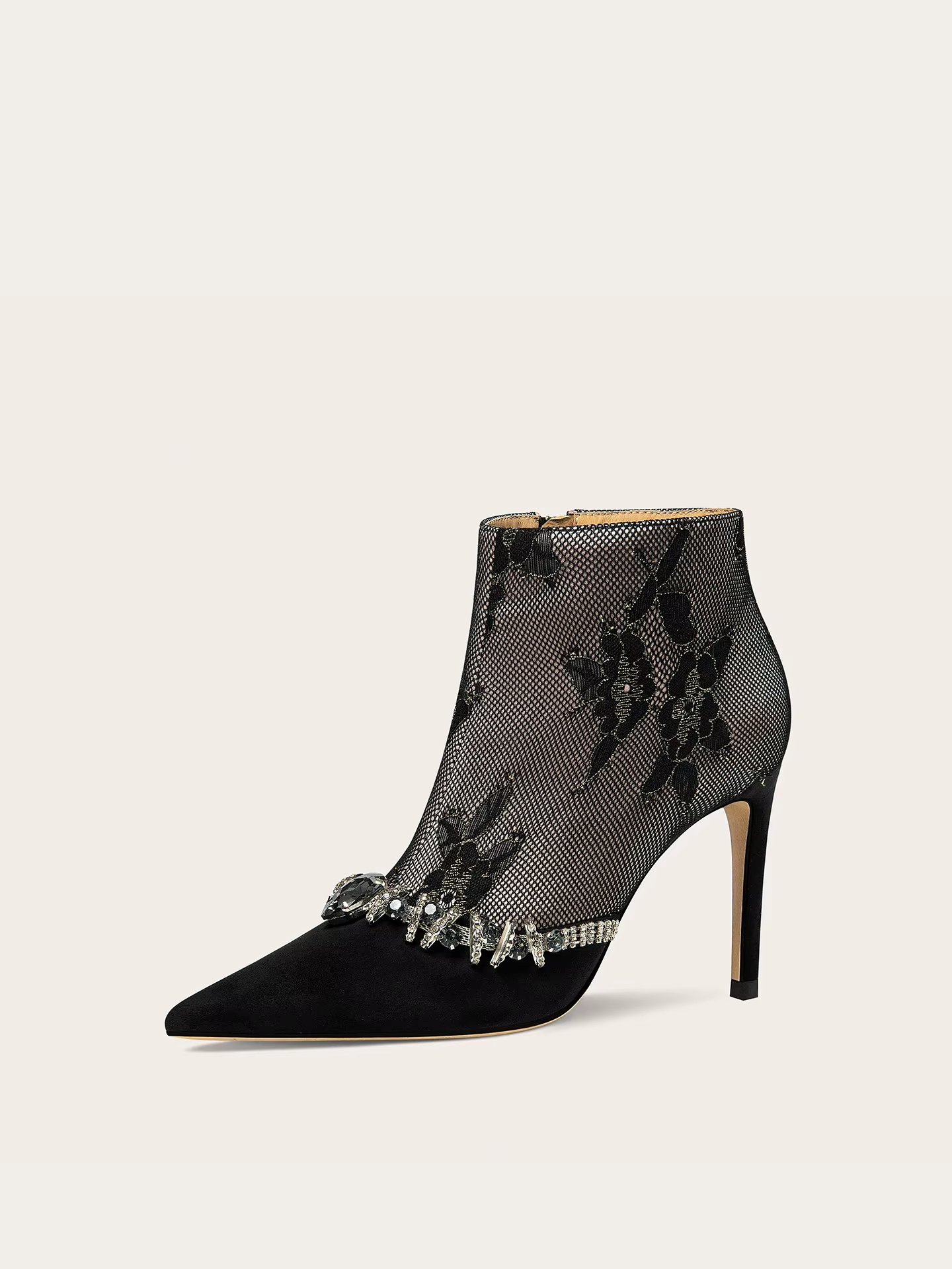 Women's Pointed-Toe Lace Rhinestone Floral High-Heel Ankle Boots