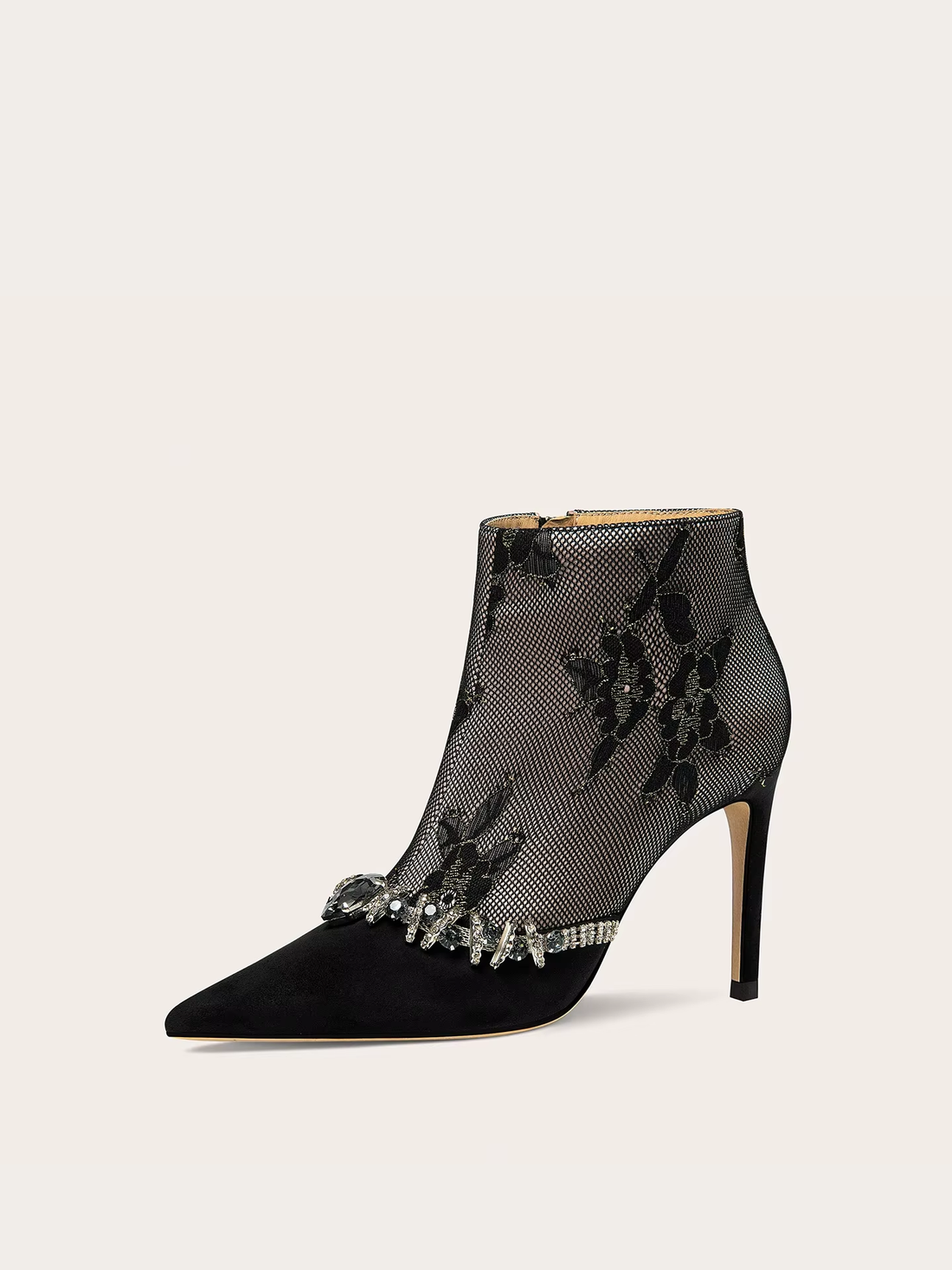 Women's Pointed-Toe Lace Rhinestone Floral High-Heel Ankle Boots