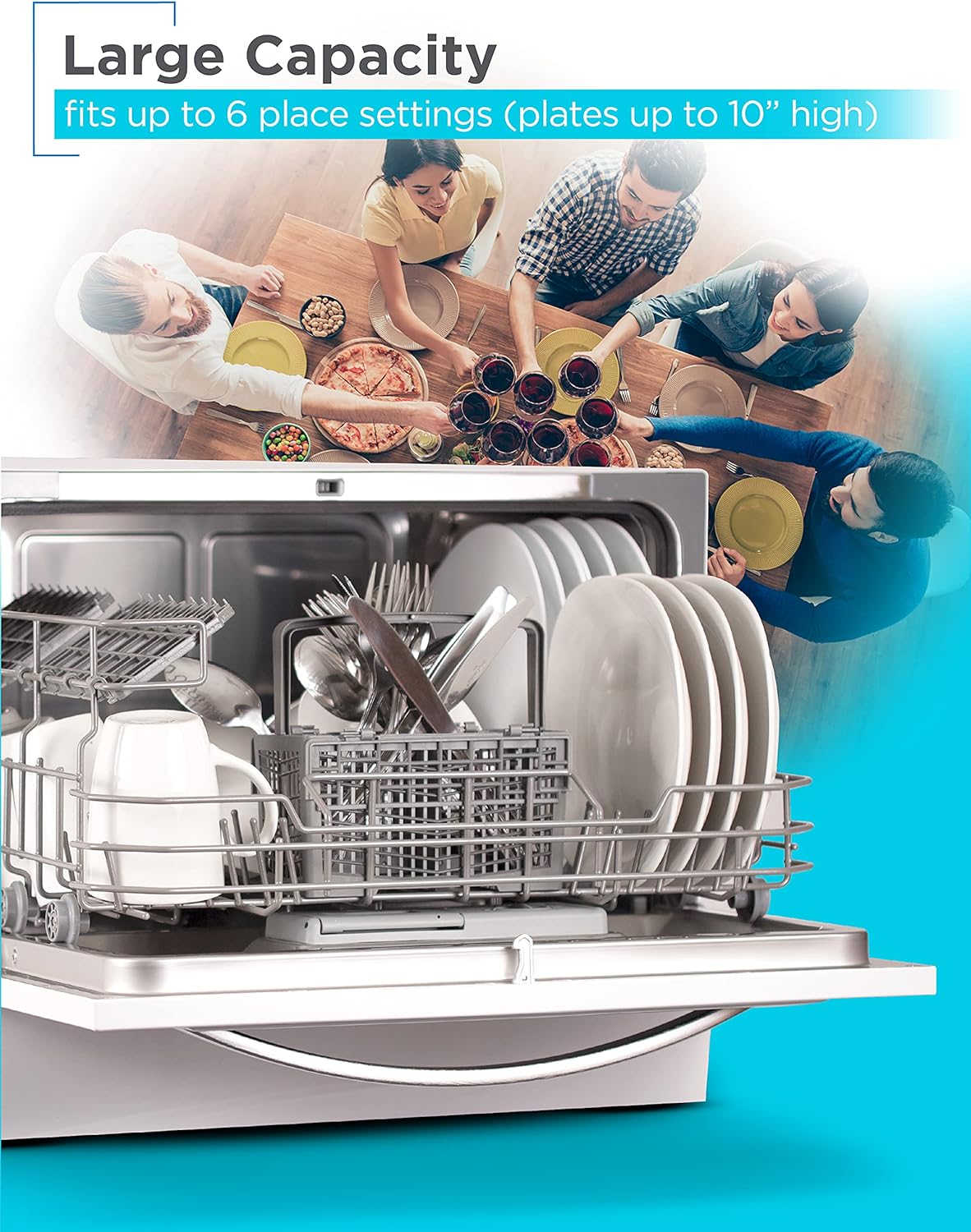 Dishwasher with open door showing clean dishes, family around a dining table in the background.