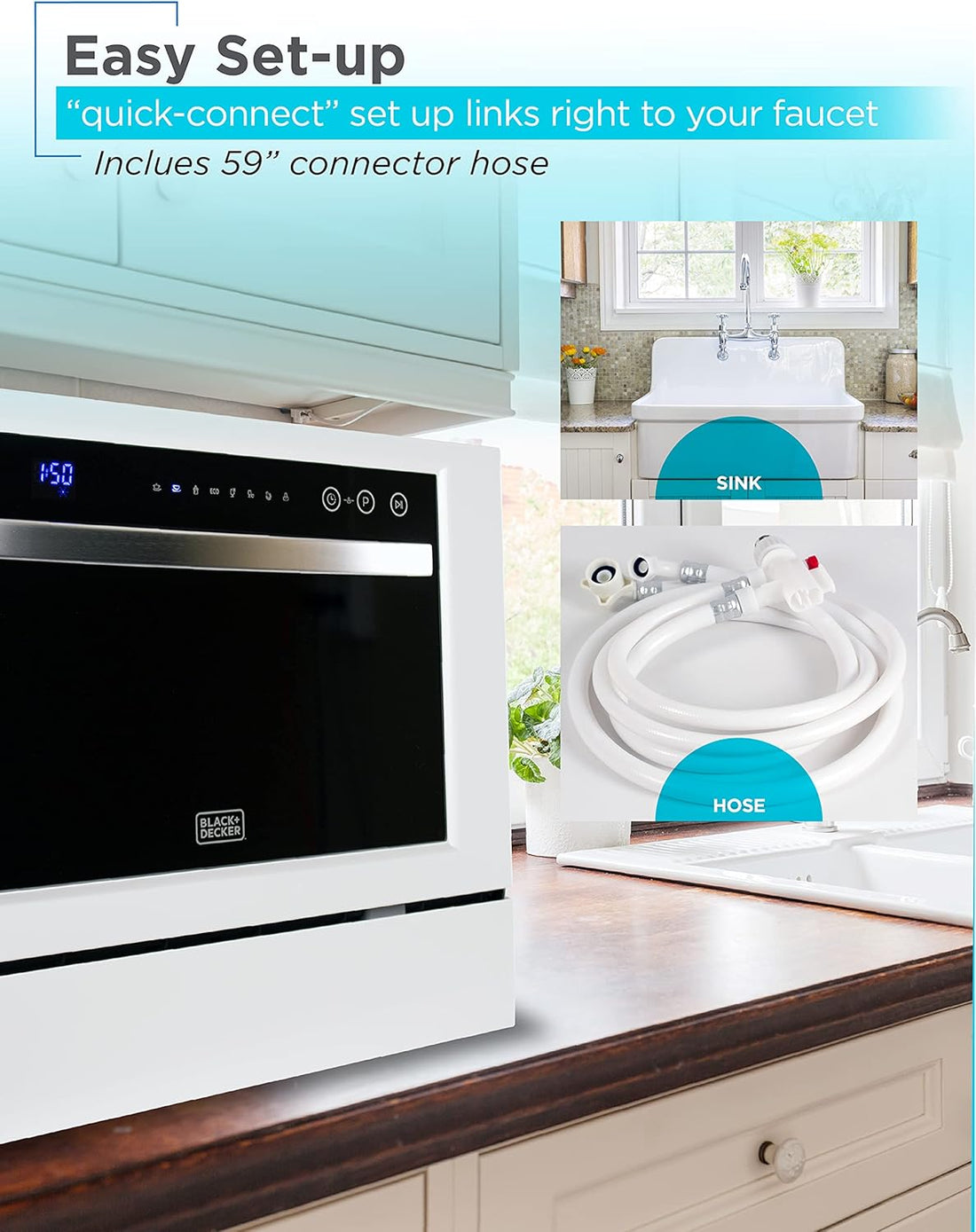 Kitchen appliance with text about quick-connect setup and 59-inch connector hose.