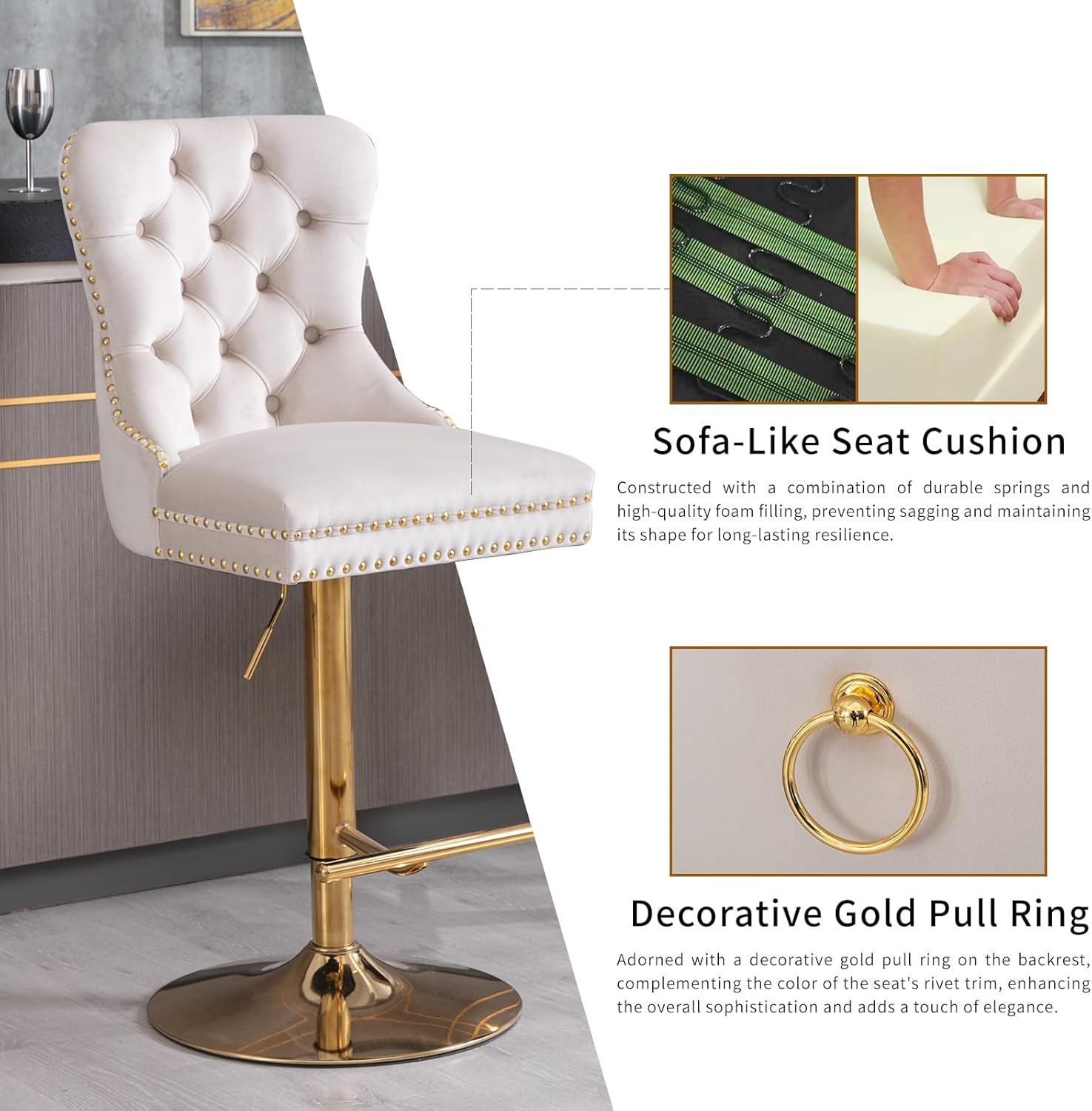 Luxe Velvet Swivel Bar Stools Set of 4 – Adjustable Counter Height Bar Chairs with Upholstered Backrest