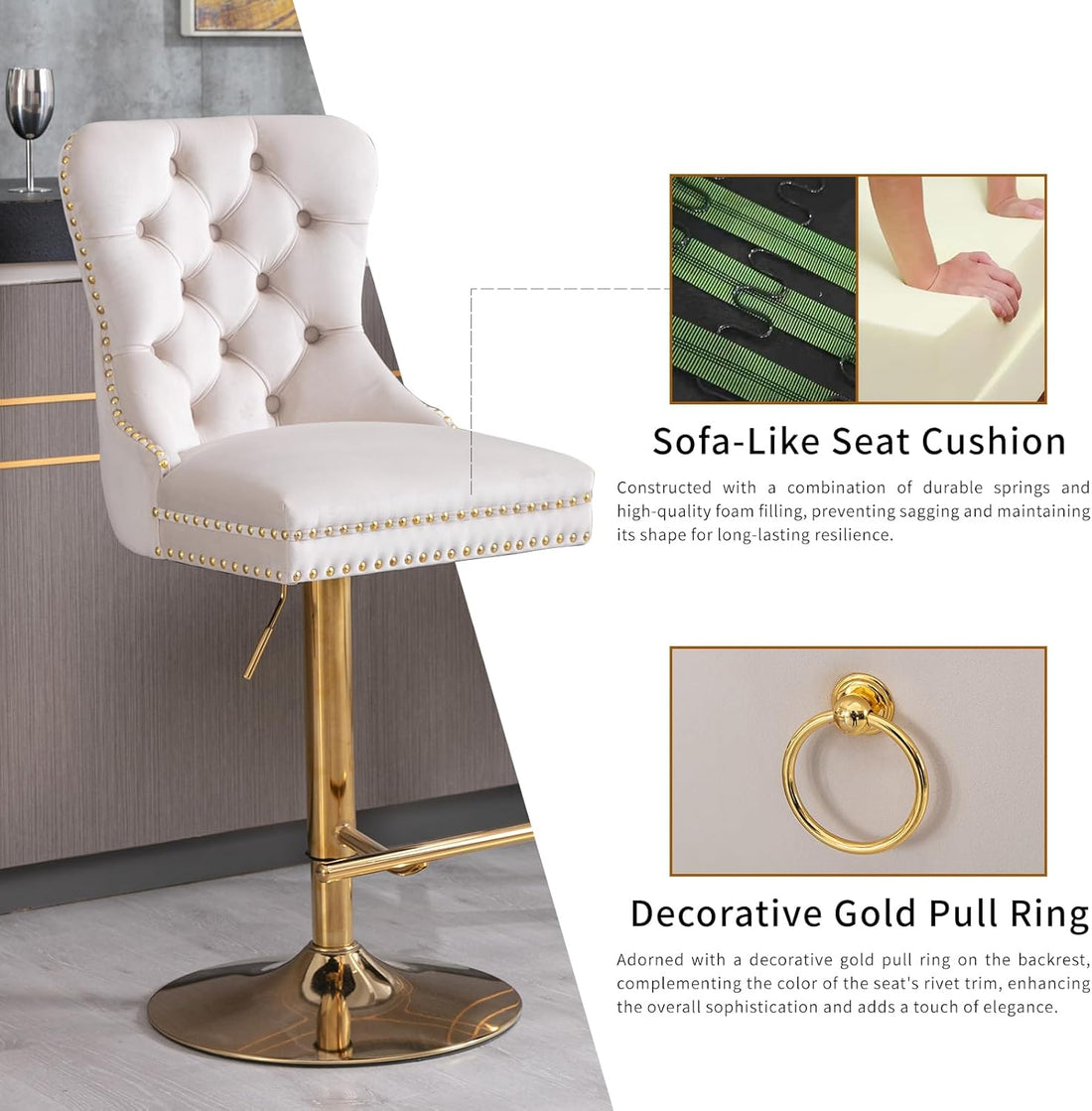 Luxe Velvet Swivel Bar Stools Set of 4 – Adjustable Counter Height Bar Chairs with Upholstered Backrest