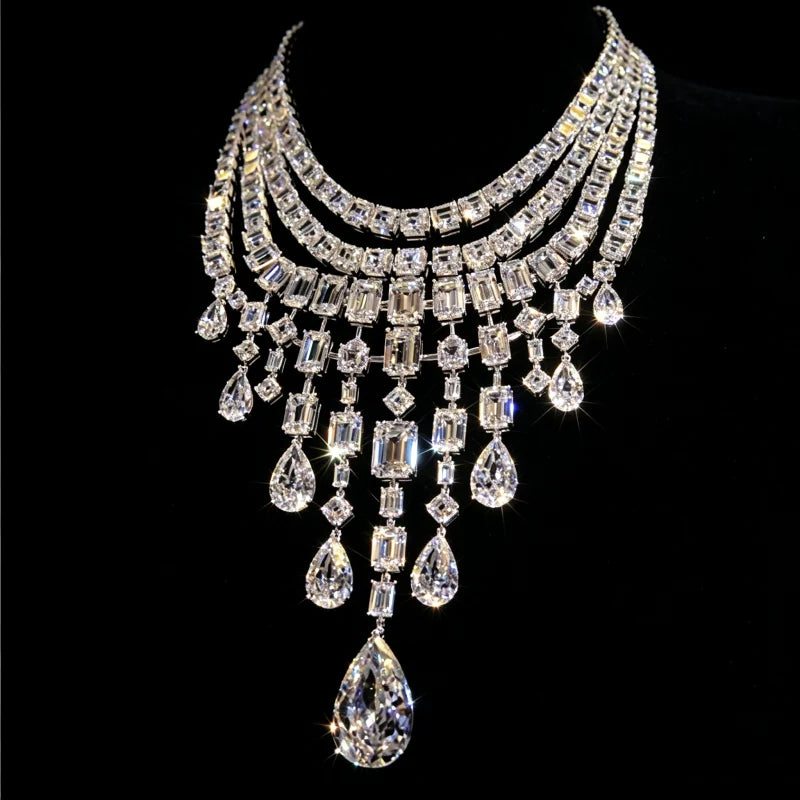 Luxury 925 Sterling Silver Diamond Water Drop Statement Necklace