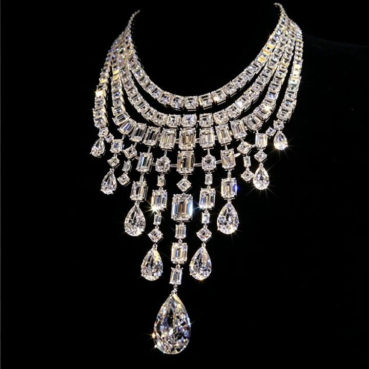 Luxury 925 Sterling Silver Diamond Water Drop Statement Necklace