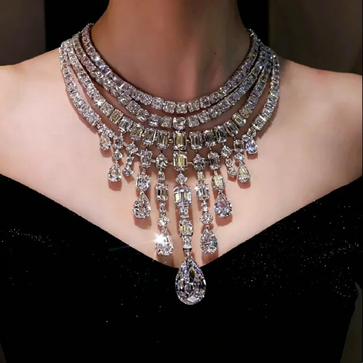 Luxury 925 Sterling Silver Diamond Water Drop Statement Necklace