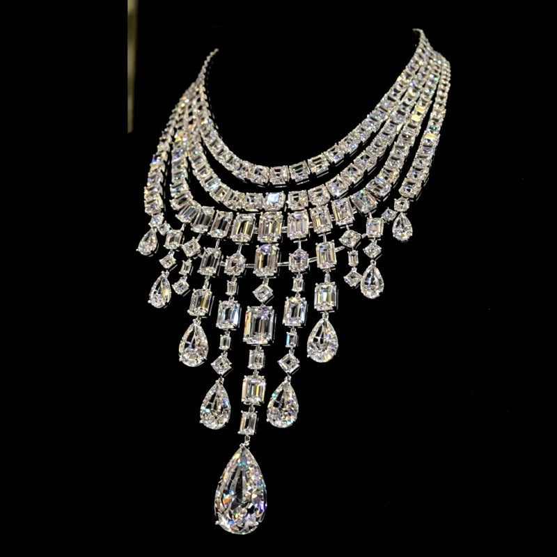 Luxury 925 Sterling Silver Diamond Water Drop Statement Necklace