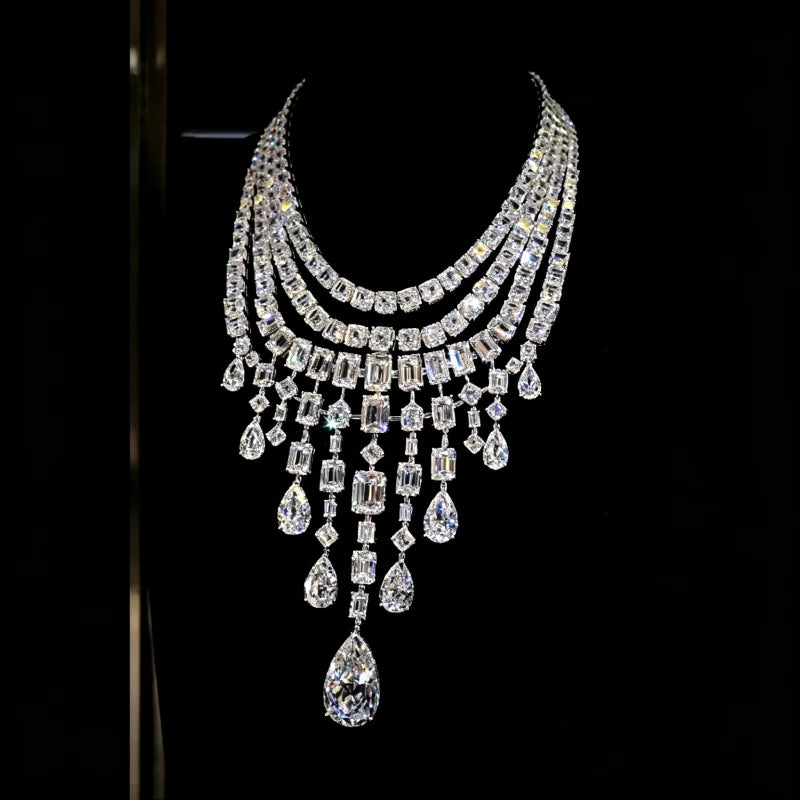 Luxury 925 Sterling Silver Diamond Water Drop Statement Necklace