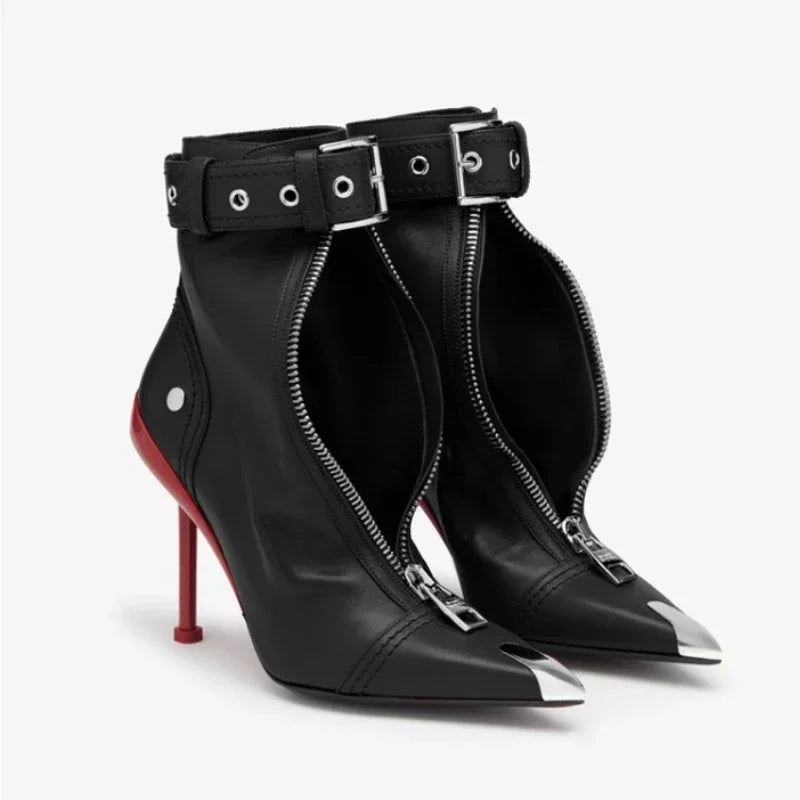 New Red Pointed Toe Ankle Boots for Women – Belt Buckle Zipper High Heels Boots
