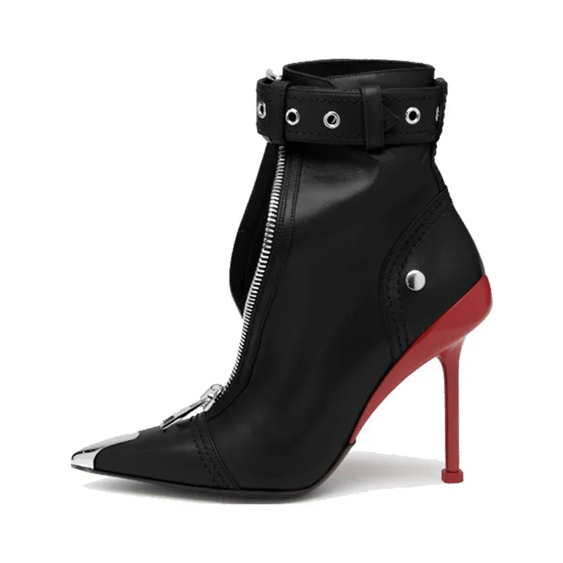 New Red Pointed Toe Ankle Boots for Women – Belt Buckle Zipper High Heels Boots