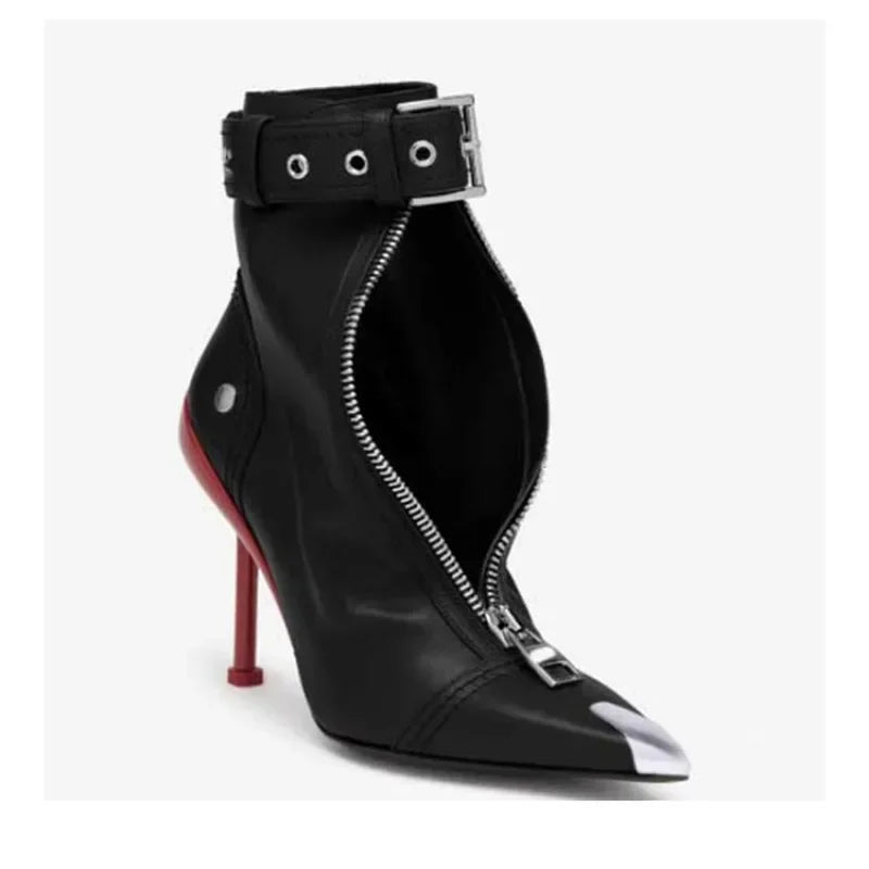 New Red Pointed Toe Ankle Boots for Women – Belt Buckle Zipper High Heels Boots