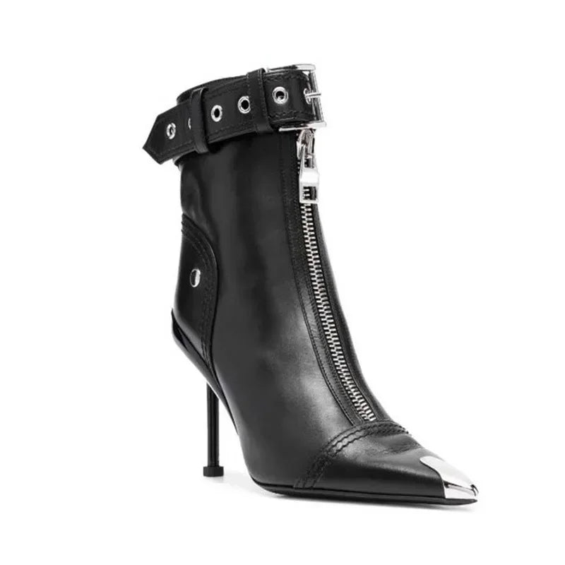 New Red Pointed Toe Ankle Boots for Women – Belt Buckle Zipper High Heels Boots