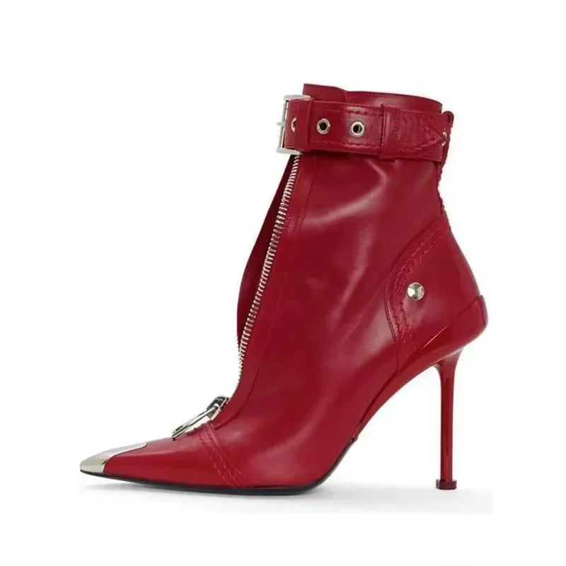 New Red Pointed Toe Ankle Boots for Women – Belt Buckle Zipper High Heels Boots